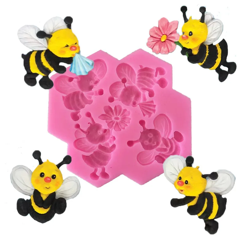 4 hardworking bees silicone molds DIY Cake Baking Tool Kids Cupcake Decorator Fondant Dessert Chocolate Mold