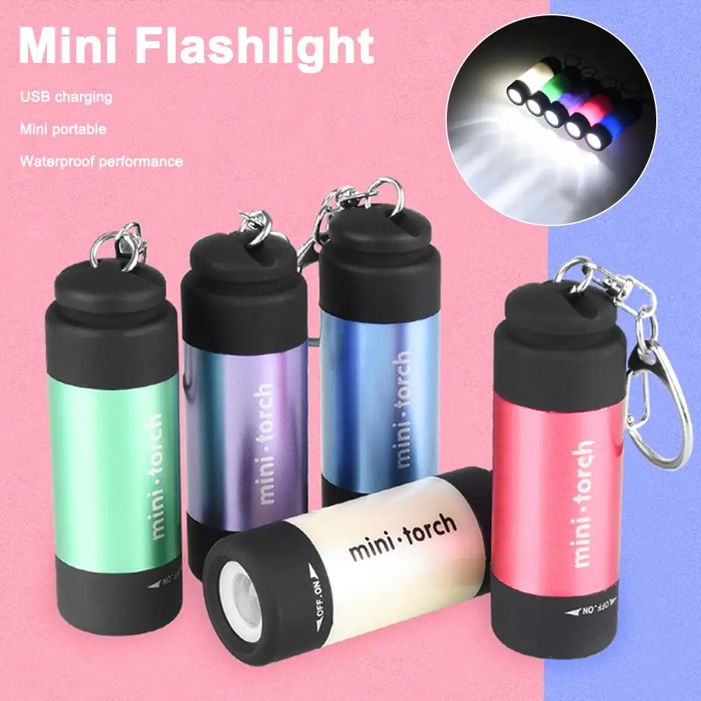 1pc Mini Flashlight Pocket-sized Keychain Light USB Keychain Flashlights Small Key Ring Torch for Camping Hiking Emergency