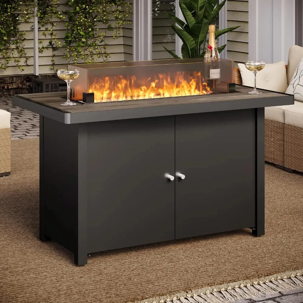 Propane Fire Pit Table 43/64 Inch with Lid, 55,000 BTU Gas Fire Pits for Outside Patio with Glass Wind Guard, Gray Glass Beads