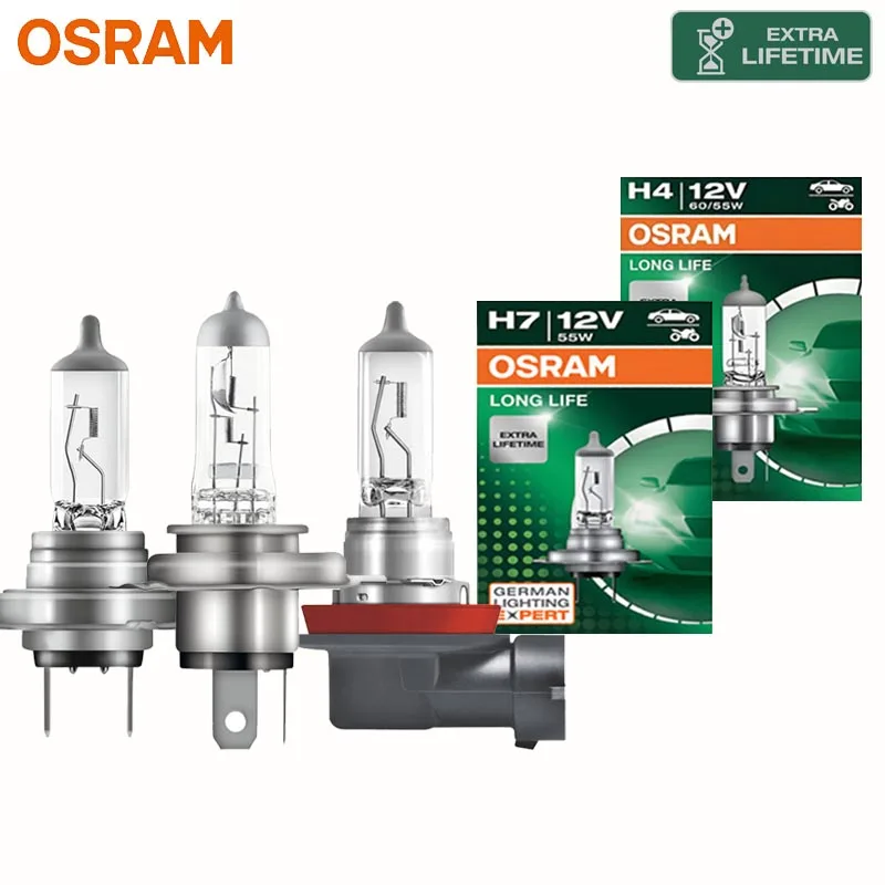 Lâmpada Halógena OSRAM para Farol de Carro H1 H3 H4 H7 H11 HB3 HB4 HIR2 Longa Duração 12V 3200K Branca Durável para Farol de Neblina 9005 9006 9012