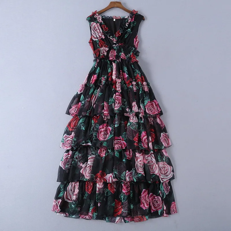 

European and American women's dress 2023 summer new style Sleeveless V-neck rose print Fashion Layered Cake Dress