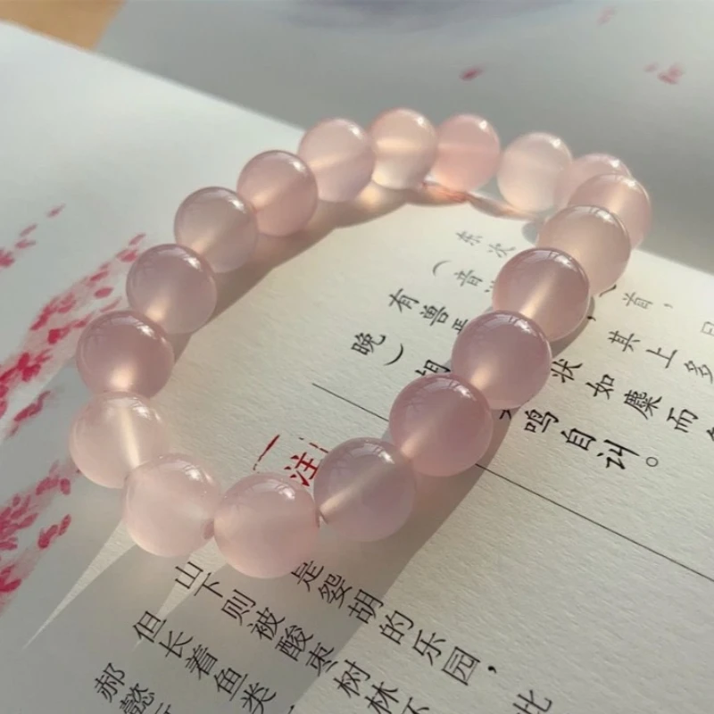 

New Natural Pink Round Bead Chalcedony Bracelet Men's and Women's Light Luxury Bracelet