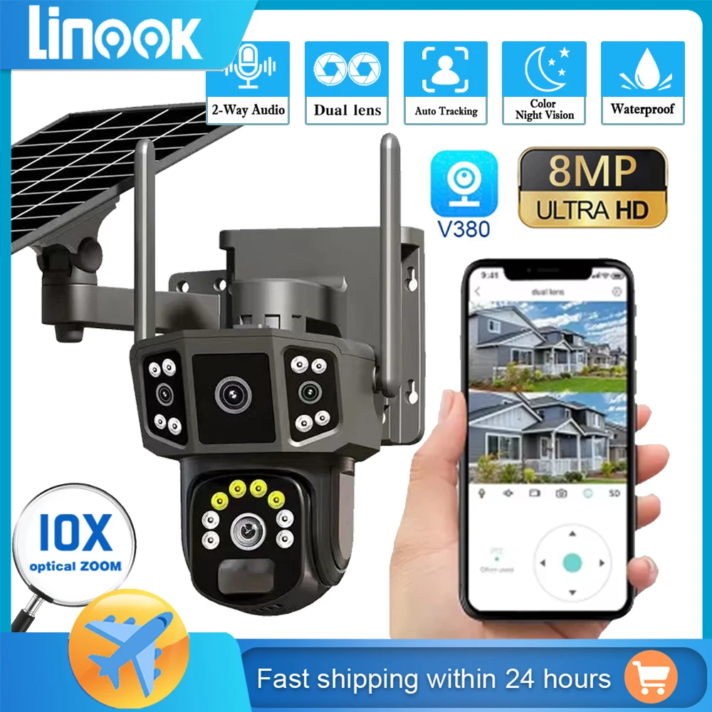 

Linook V380,10X, 4K dual lens, outdoor security camera, wireless WIFI solar closed-circuit television, 4G sim solar camera, CCTV