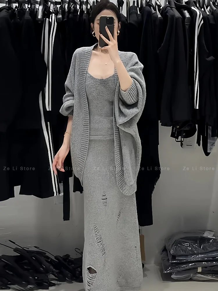 Retro Lazy Wind Sweater Three-piece Women's Autumn and Winter New Knitted Cardigan Suspender Vest Ripped Skirt Set