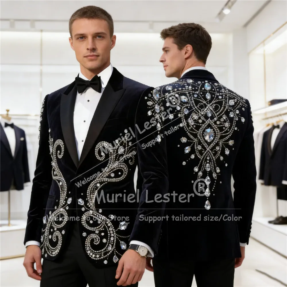 

Luxury Diamond Beaded Velvet Groom Wedding Tuxedos Customized Single Breasted Prom Blazers Man Formal Party Attire 2 Piece Set