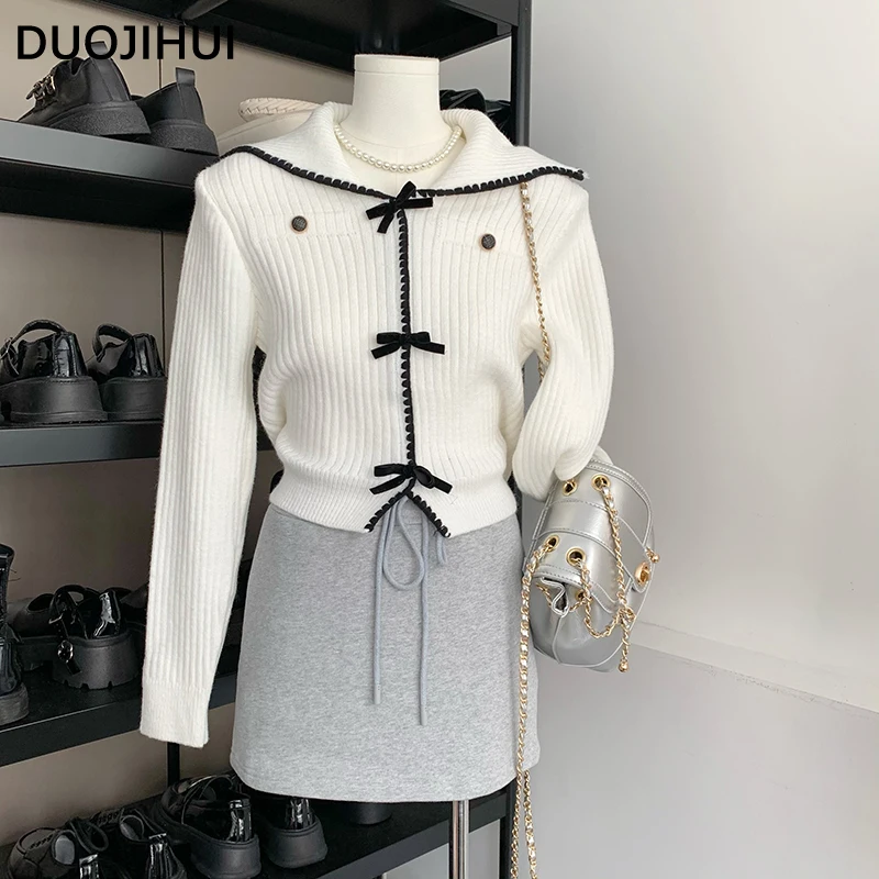 

DUOJIHUI Pink Chicly Bow Tie Knitting Casual Female Cardigan Autumn Basic Fashion Long Sleeve Solid Color Sweater Women Cardigan