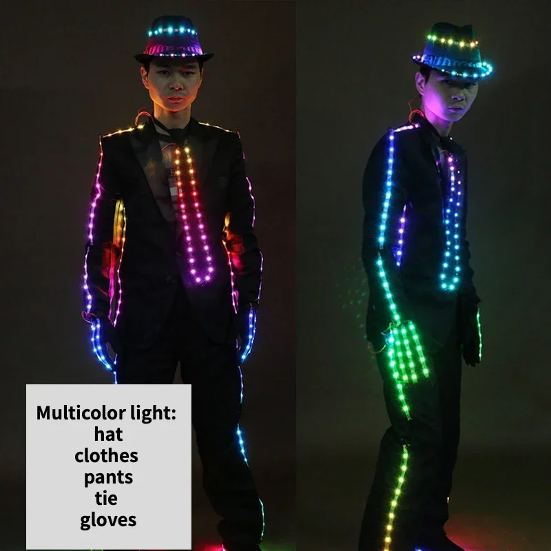 LED Suit for Men Nightclub Stage Nightclub Dance Costume Rainbow White Light Up Top Clothes Pants 2024 Magician Show Outfit