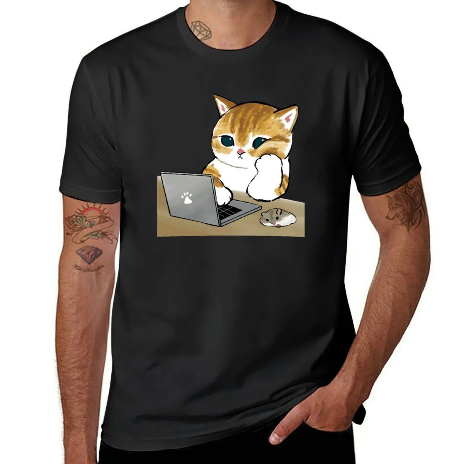 Mofu Sand Cute Cat Drawing Tired And Working On Computer T-Shirt plus sizes tees animal prinfor boys funny t shirts for men