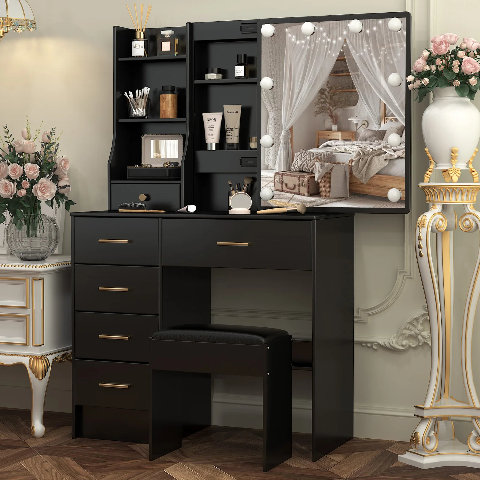 【صفقات 11.11، عروض الجمعة السوداء 2025】طاولة زينة سوداء مع مرآة وأضواء LED ومقعد وطاولة تزيين مكونة من 6 أدراج