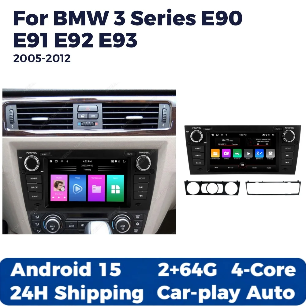 Android 15 Carplay sans fil Android Auto pour BMW Série 3 E90 E91 E92 E93 2005-2012 Autoradio Lecteur multimédia BT FM