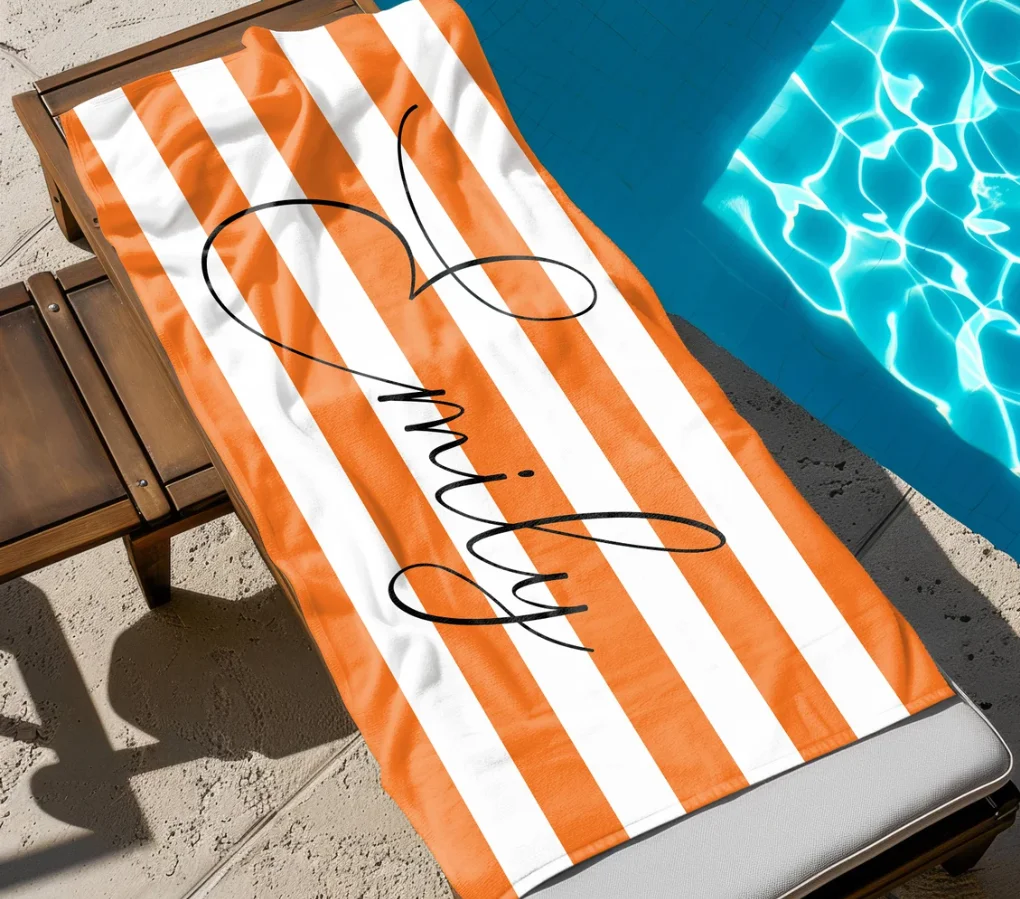 Stripe Name Beach Towel, Personalized Monogram Pool Towel, Signature Beach Towel For Kids, Vacation Gift, Picnic Towel