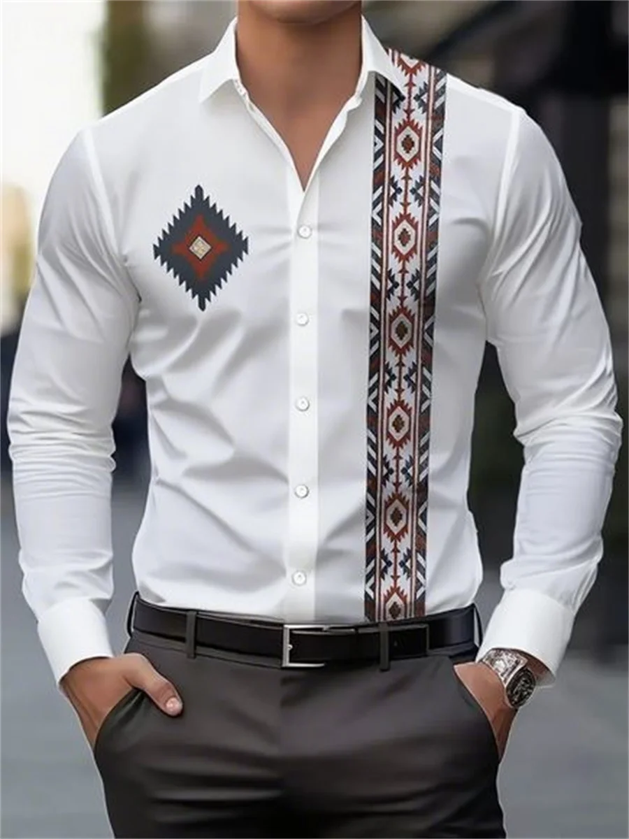 14 ألوان قميص رجالي موضة هندسية ثلاثية الأبعاد عالية الوضوح الطباعة طويلة الأكمام موضة قميص غير رسمي الأعمال التلبيب العلوي XS-6XL