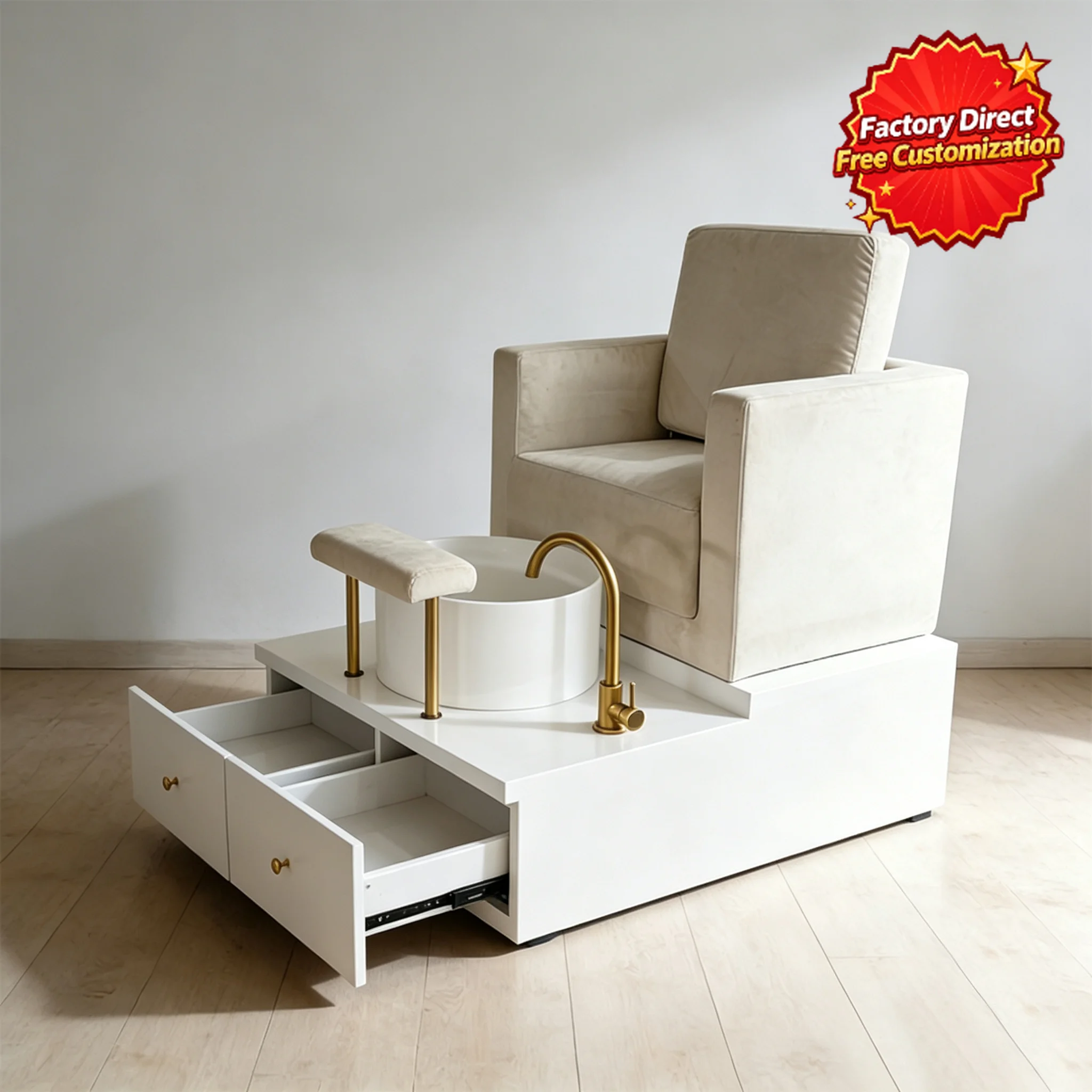 Modern Luxury Pedicure Foot Spa Chair with LED Ambient Light & Technician Stool for Spa Salon