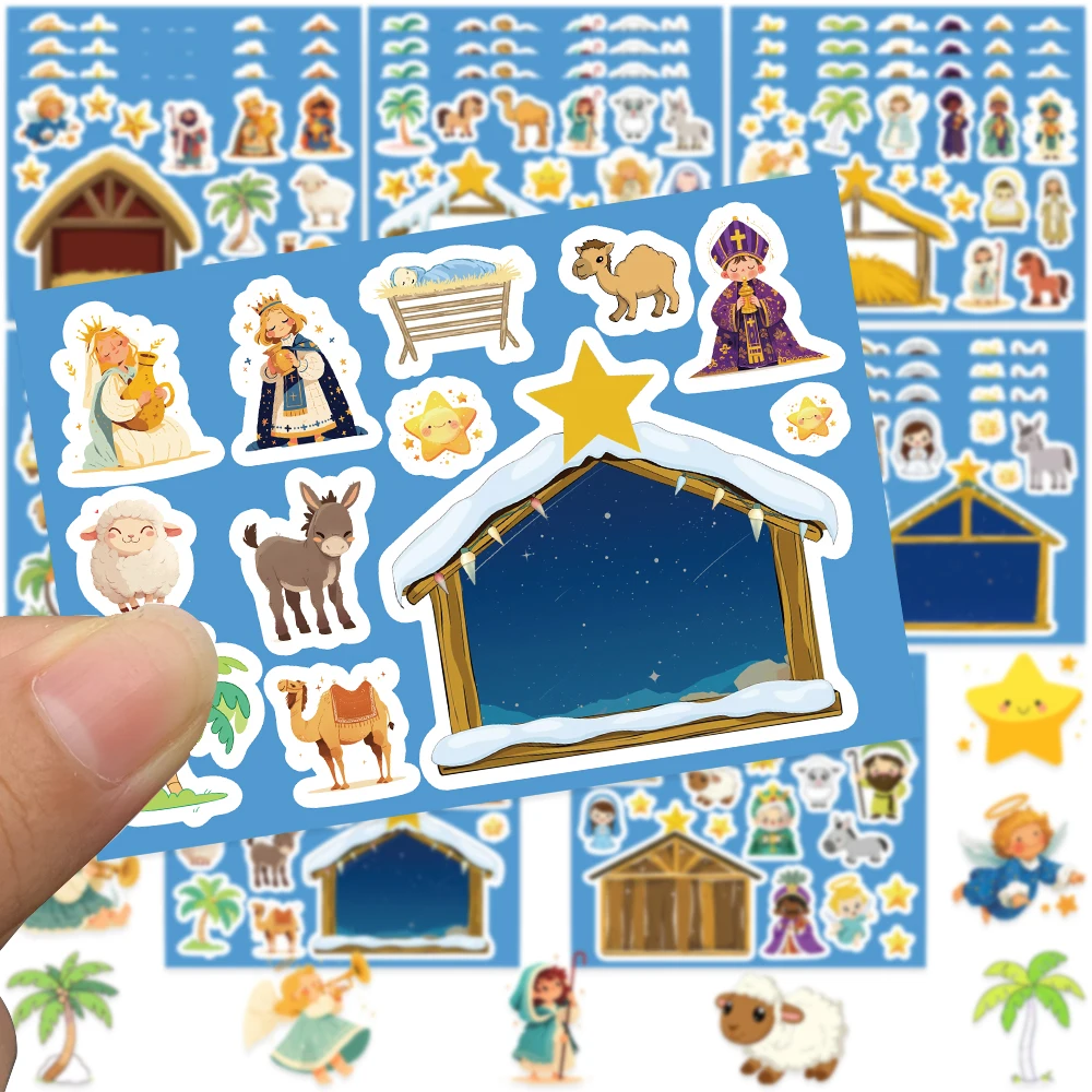 8/16/32Sheets Cartoon Scence Of Child Jesus DIY Puzzle Stickers Dress Up Game Funny Assemble Stickers Kids Creative Toys Gifts