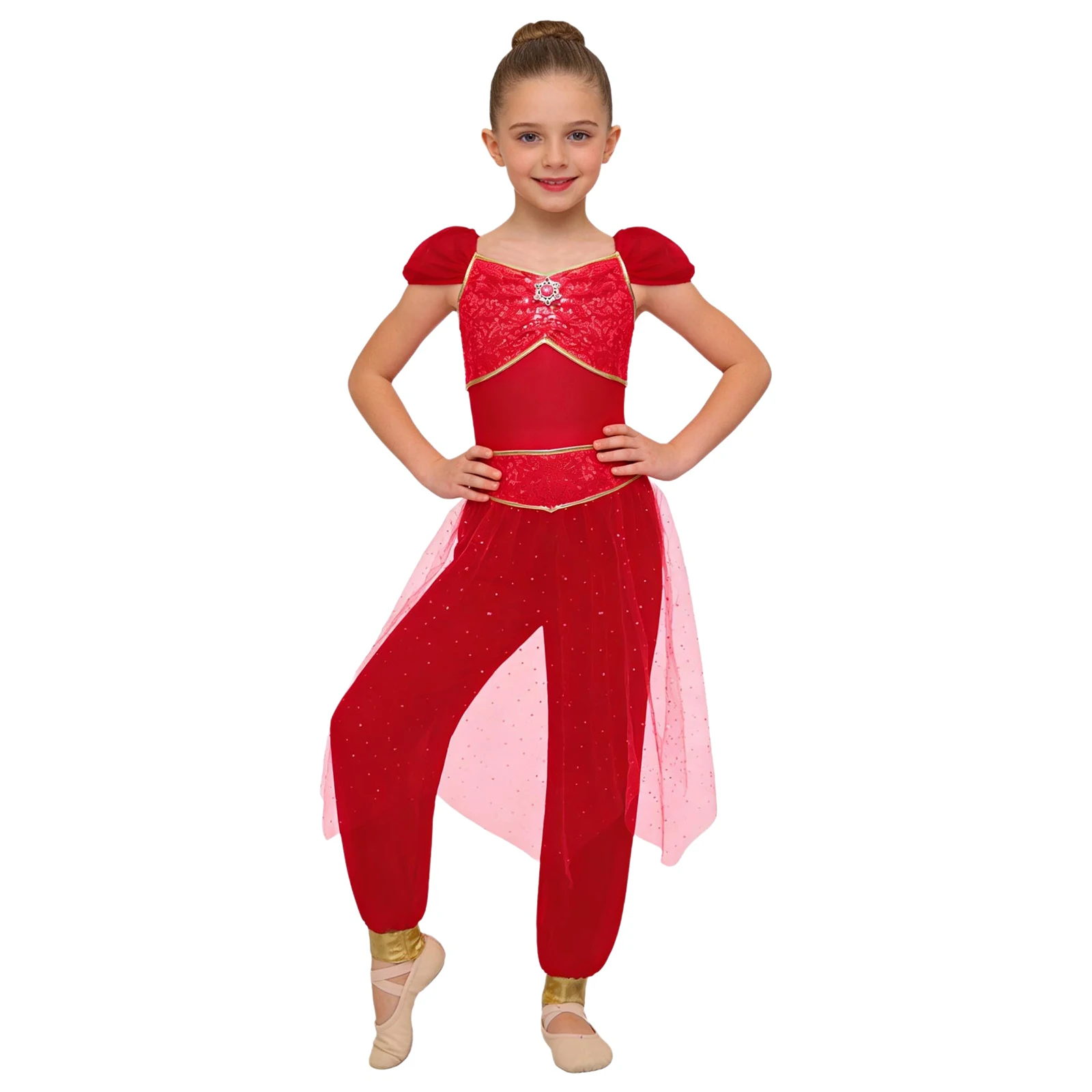 Children's Sequined Tulle Overlay Jumpsuit for Girls Arabian Princess Cosplay Costume Belly Dance Rompers for Halloween Outfit - view 4