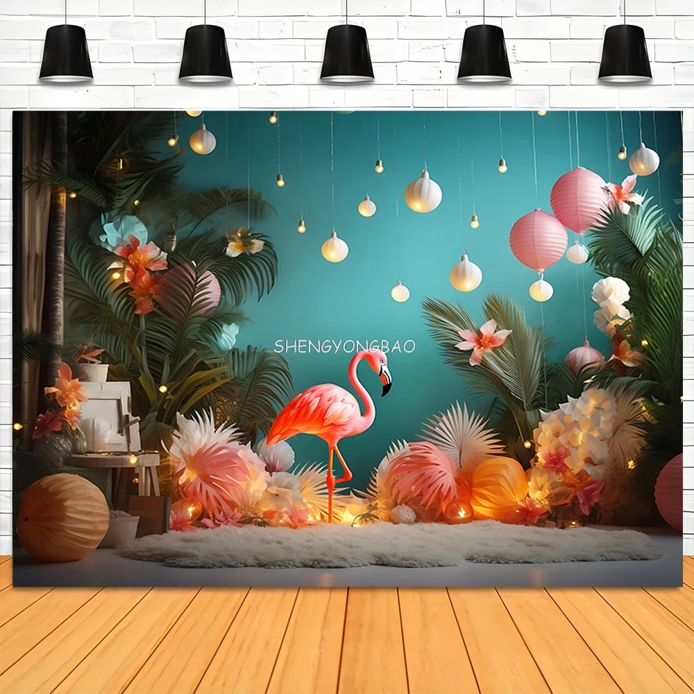 Tropical Beach Palm Leaf Garland Seashells Photography Backdrops Props Happy Birthday Party Decoration Flamingo Background ZL-01