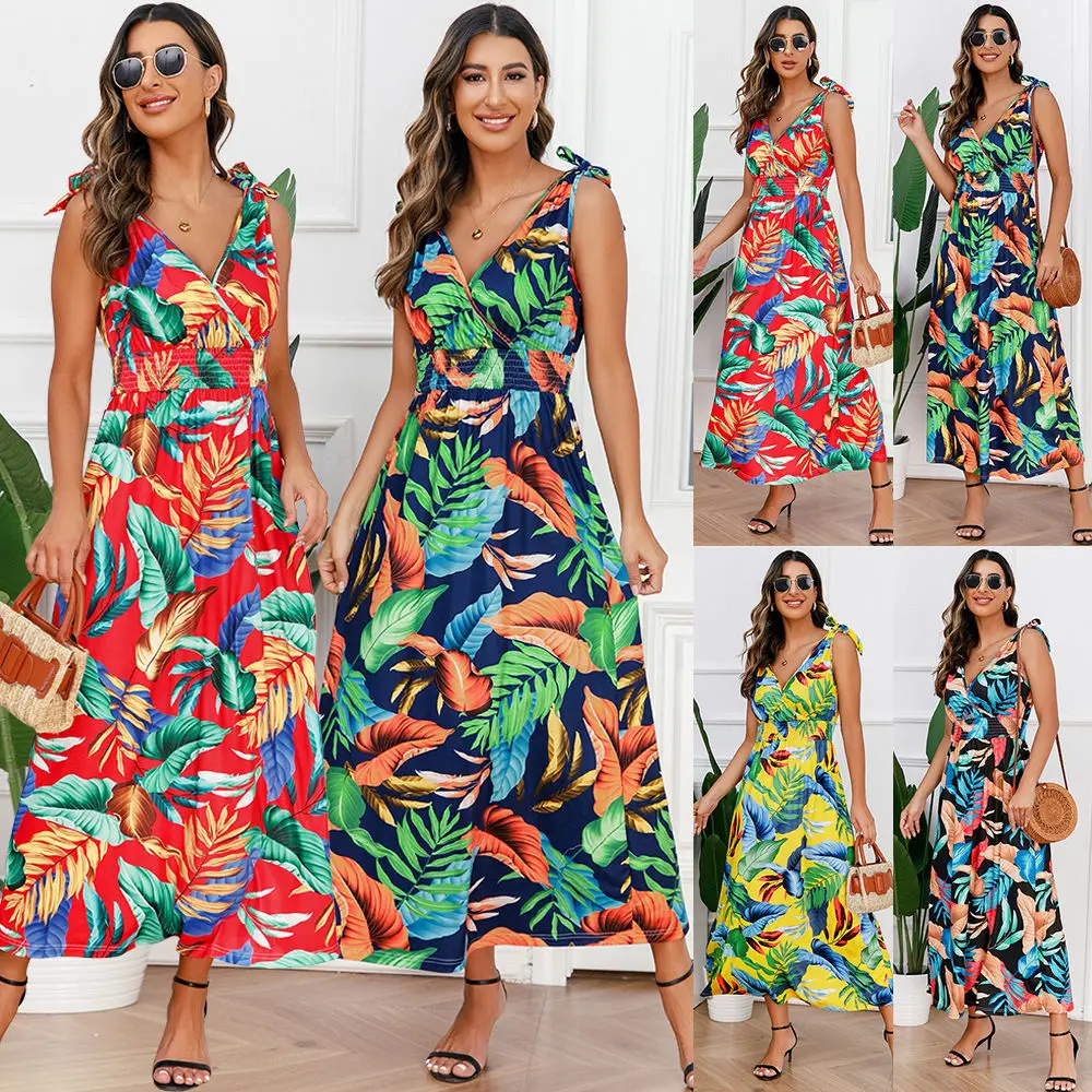 

Women Dress V-Neck Bohemian Printed Floral Long Dress Vacation Beach Outfits Female Clothing Maxi Vestidos