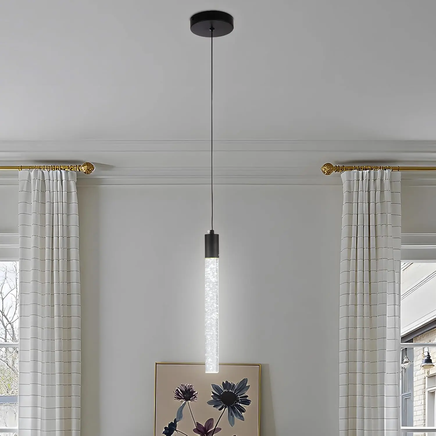 Black Bubble Crystal Pendant Light, 1-Light Modern Mini Chandelier with Integrated LED, Adjustable Hanging Crystal Rod Chandelier for Kitchen Island Dining Room Foyer
