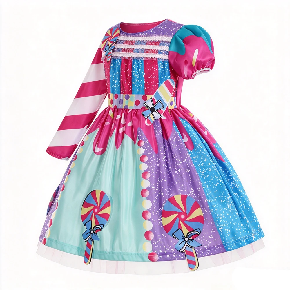 2026 Kinder Purim Verkleidung Regenbogen-Süßigkeitenkleid mit Stirnband Lollipop Cosplay Kostüm Kinderkleid Geburtstag Karneval Party Geschenk – Detail 3