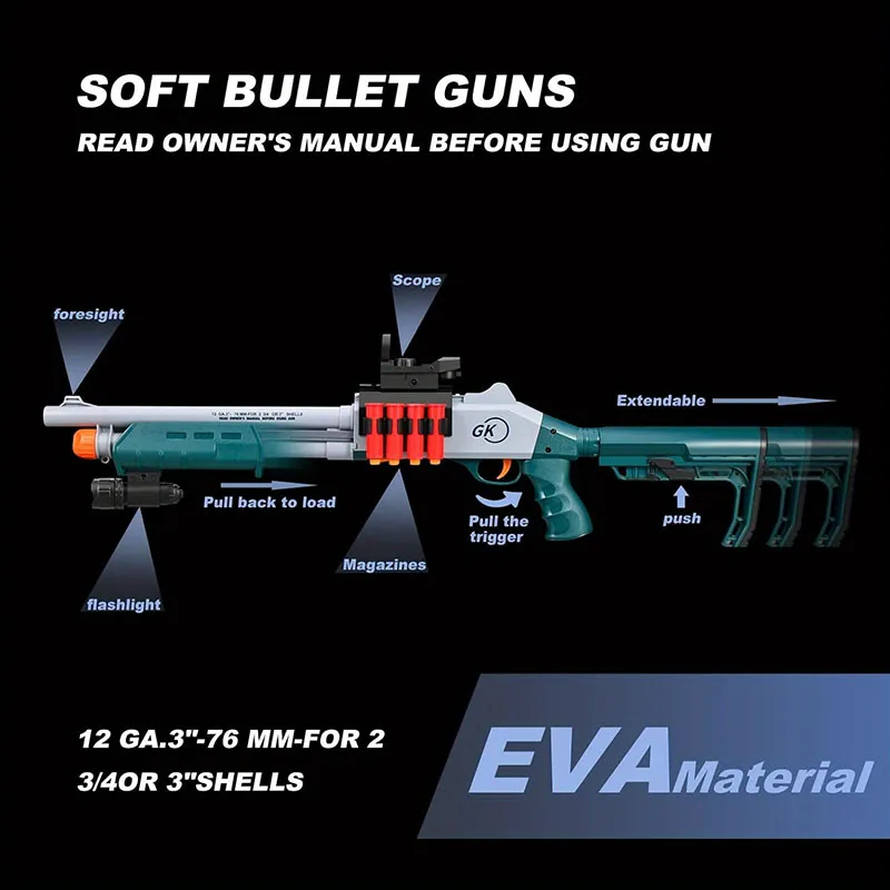 Rifle de francotirador de bala suave con alcance, juguete de diseño de lanzamiento de concha, JH2027C, Shotgun-Variant1 de juguete (Stock en EE. UU.)