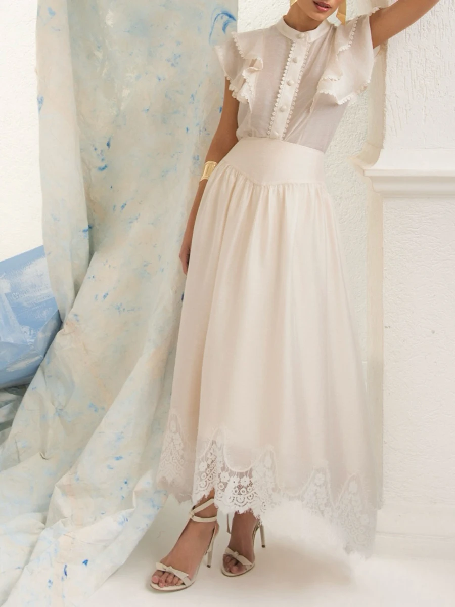 VGH Solid Two Piece Set for Women Stand Collar Short Sleeve Top High Waist Patchwork Irregular Lace Hem Skirt Casual Suit Female