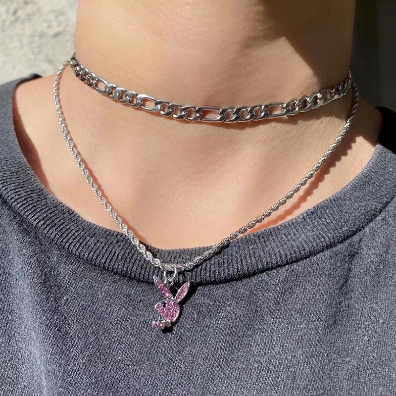 Fashion Necklace Pink Cubic Zirconia Rabbit Charms Rock Style Little White Rabbit Twisted Singapore Chain Jewelry for Girls Gift
