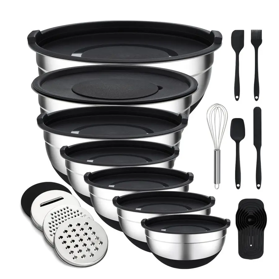 

Mixing Bowls with Lids Set 7 Pcs Stainless Steel Mixing Bowls with 3 Grater Attachments, NonSlip Silicone Base Mixing Bowl Set f
