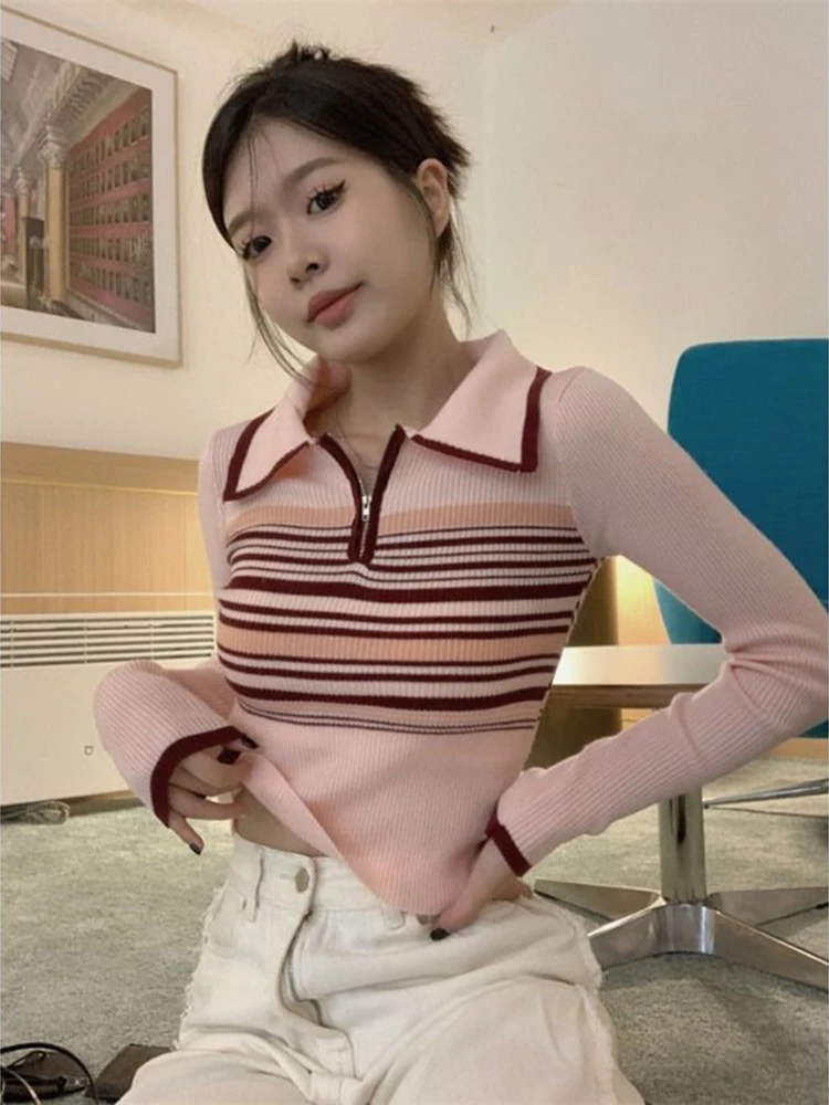 Striped Polo Neck Slimming Shirts Woman Autumn New Half Zipper Fashion Sweet Color Blocking Long Sleeve Knit T-shirt