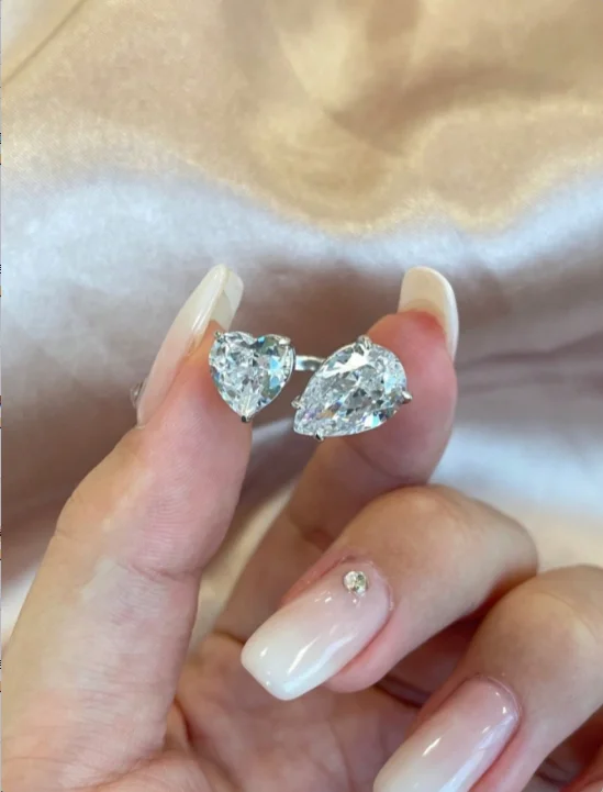 Nuovo argento Sterling 925 rosa bianco taglio a pera taglio a cuore diamante simulato festa di nozze anelli aperti gioielleria raffinata regali di