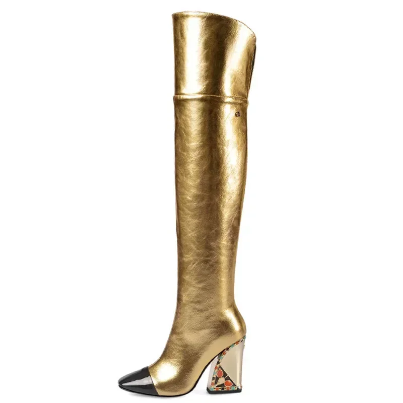 Brand Colored Rhinestone Cowhide Over Knee Length Boots Thick Heeled Square Toe Gold Runway Performance High Heels Shoes 34-43