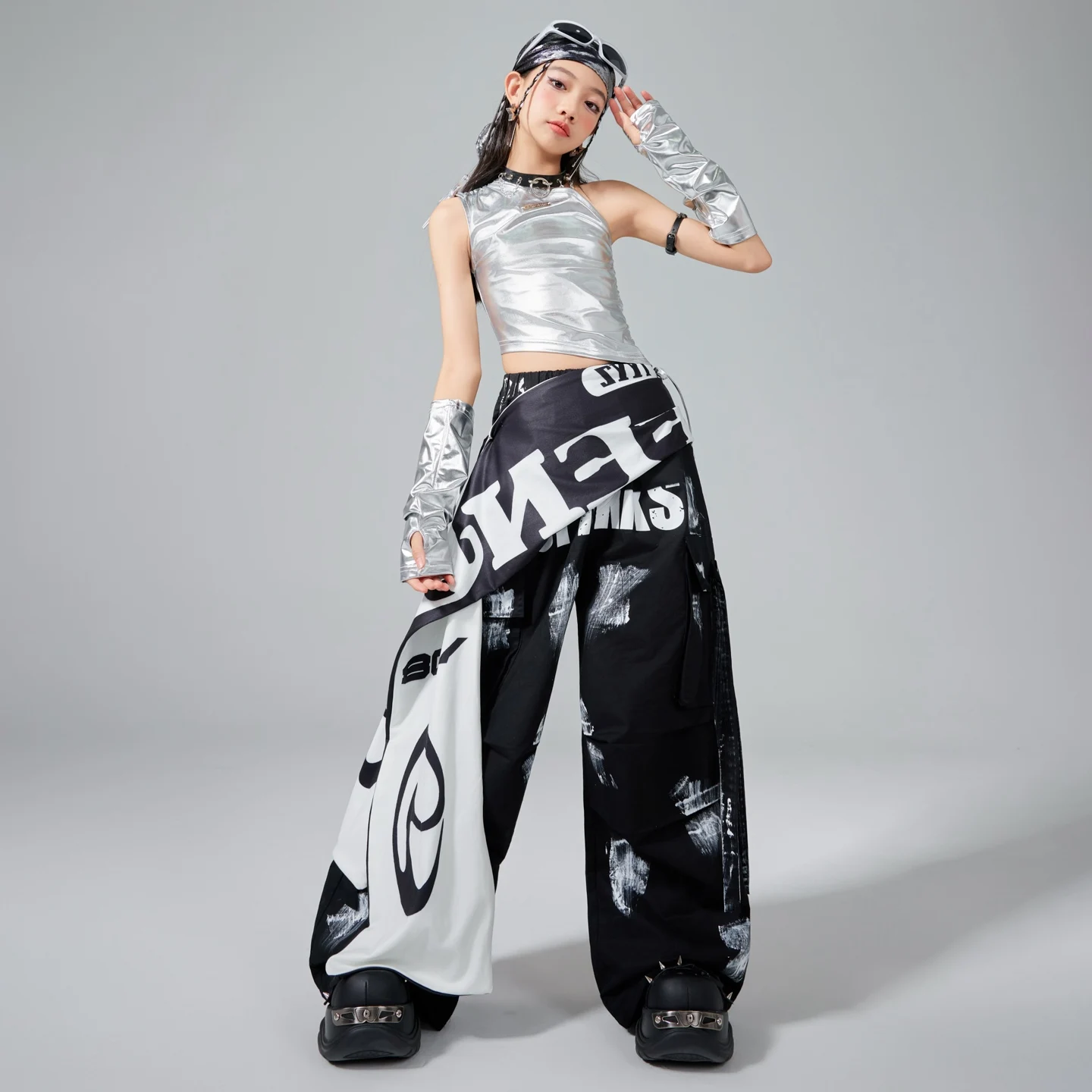 Nieuwe Kinderen Hip Hop Danskostuum Jazzdans Tops Zwarte Broek Moderne Kpop Prestaties Pak Podiumoutfits Race Kleding BL16933