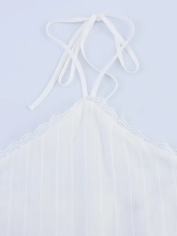 Estilo europeu e americano verão novas roupas femininas em camadas decoração sem costas halter pescoço suspender mini vestido