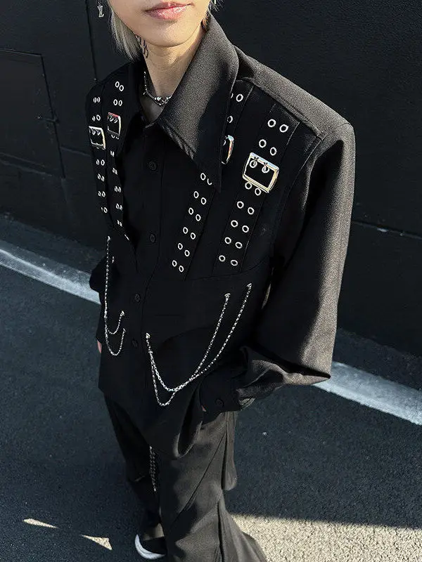 

Punk Sle oulder Padded Long Sve irt k Bule Chain Design Urban Faion Breathable Polyester Spring Men's Casual ...