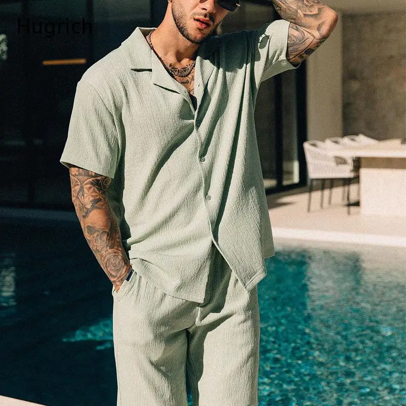 Men's Loose Fit Textured Co-Ord Set - Breathable Button-Down Shirt and Drawstring Shorts