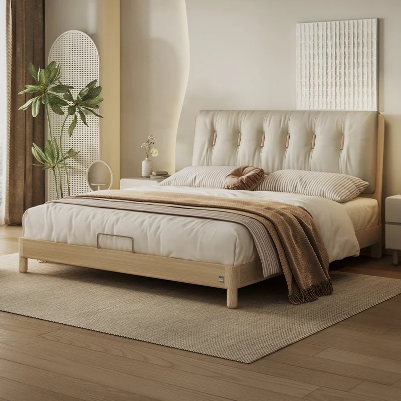 Home wood art cream wind solid wood bed ash wood master bedroom, double side small apartment saving space