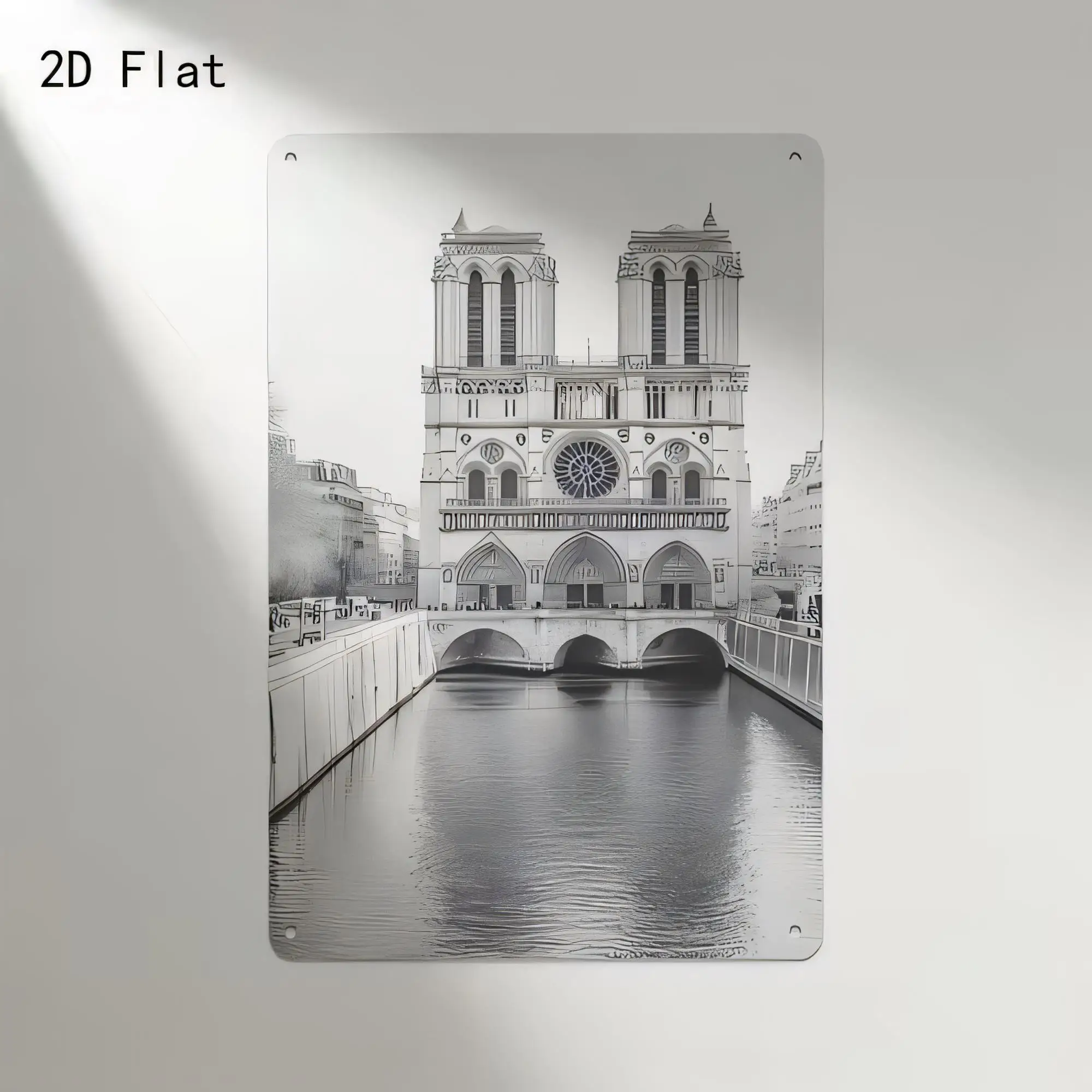 Tin Sign for Home Decor, Vintage Paris Notre Dame Cathedral River Scene Wall Plaque, Black and White City Landmark Metal Sign, R