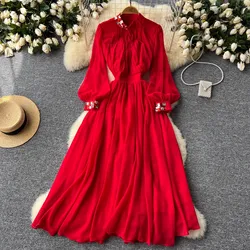 2024 New Summer Autumn Chiffon Long Dress Elegant Women Stand Collar Diamonds Lantern Sleeve High Waist Prom Party Robe Vestidos