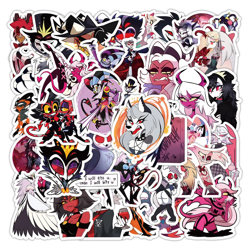 50 листов острых наклеек в стиле аниме Helluva Boss-наклейки с героями мультфильмов для мотоциклетных шлемов и музыкального фестиваля «сделай сам»