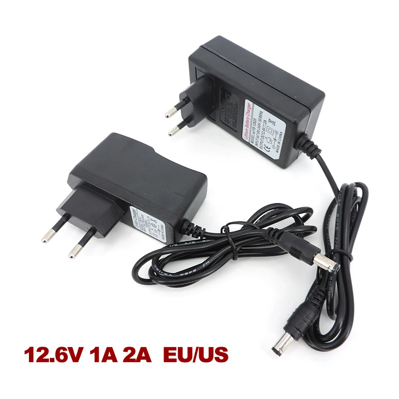 AC 100V-240V DC 12.6 V 1A 2A caricabatterie 12 V Volt adattatore di alimentazione 5.5*2.5MM 12.6 V 2 A per 18650 batteria al litio EU US Plug