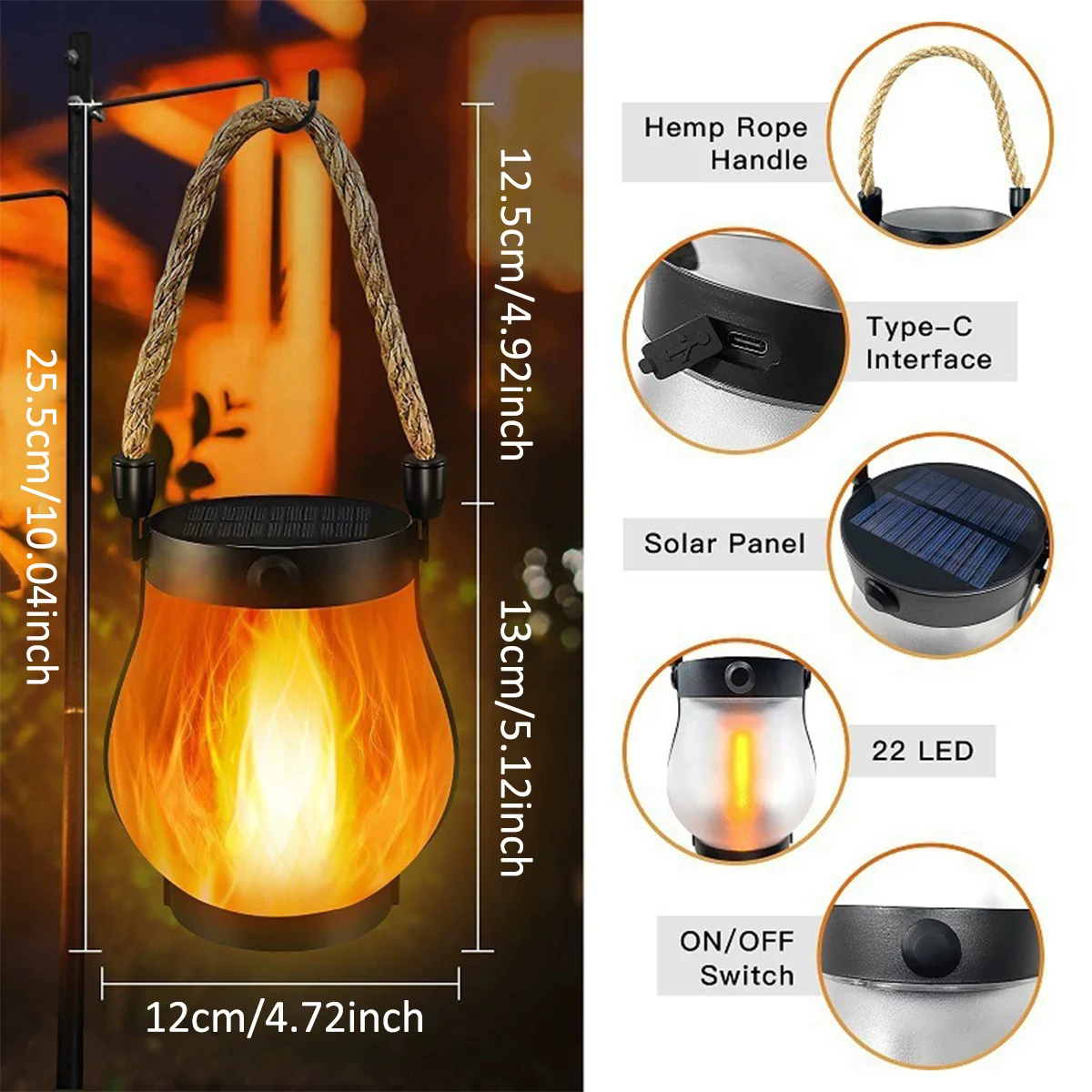 Outdoor Solar Light Waterproof Flame Lantern USB Charging 2 Modes Flicker Fire Effect Pendent Lamp Garden Yard Halloween Decor