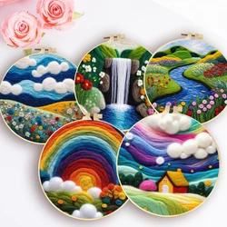 Marco de pintura de fieltro de lana de paisaje de cascada, Kit de bordado de lana artesanal, Kit de imagen de fieltro de aguja de lana divertida, regalo de pintura artesanal