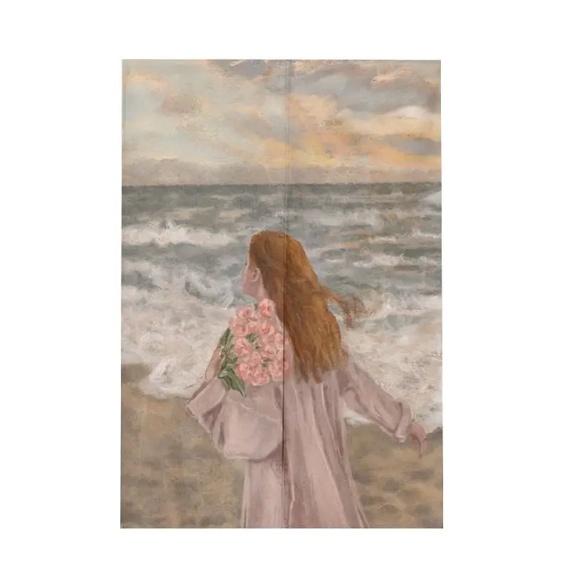 Vintage Oil Painting Seaside Flower Girl Fabric Half Curtain Partition No Punching for Home Decor Door Curtain Japanese Style