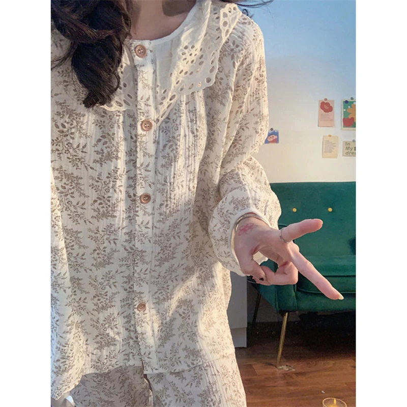 Floral Print Sleepwear Women Pajama Sets Lace Piiama Korean Pants Sets for Women 2 Pieces Button Night Wears Autumn Home Suit