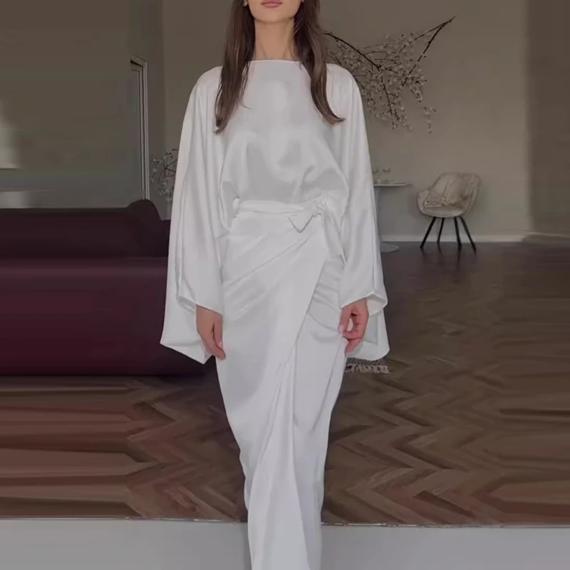 Robe de Soirée en Satin à Manches Chauve-Souris pour Femme, Tenue Élégante, Drapée, Simple, Couleur Unie, Collection Automne