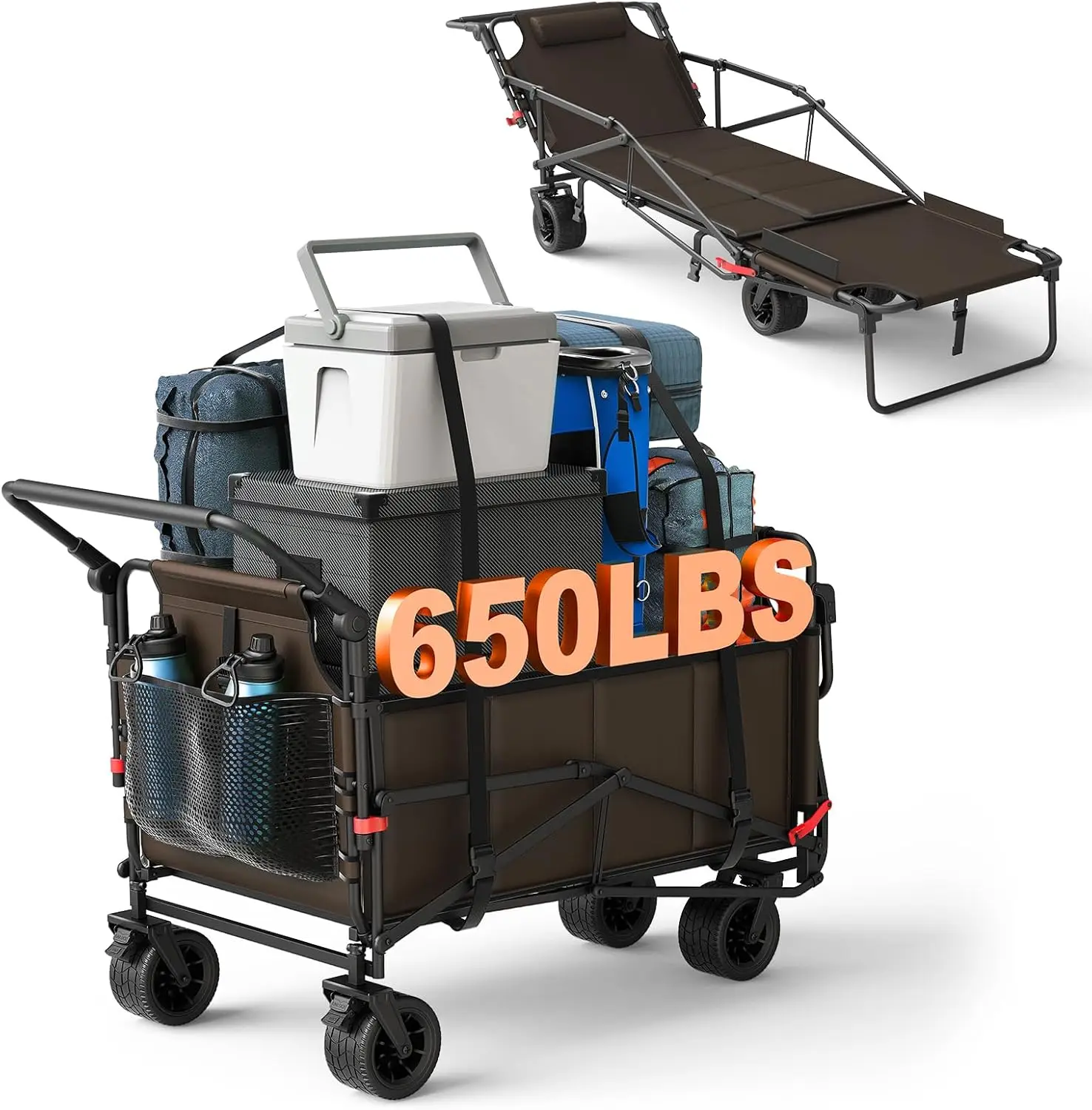 عربة قابلة للطي شديدة التحمل - عربة قابلة للطي 2 في 1، سعة 650 رطل، عجلات لجميع التضاريس مع دعامات وجيوب جانبية (بني) تخفيضات كبيرة