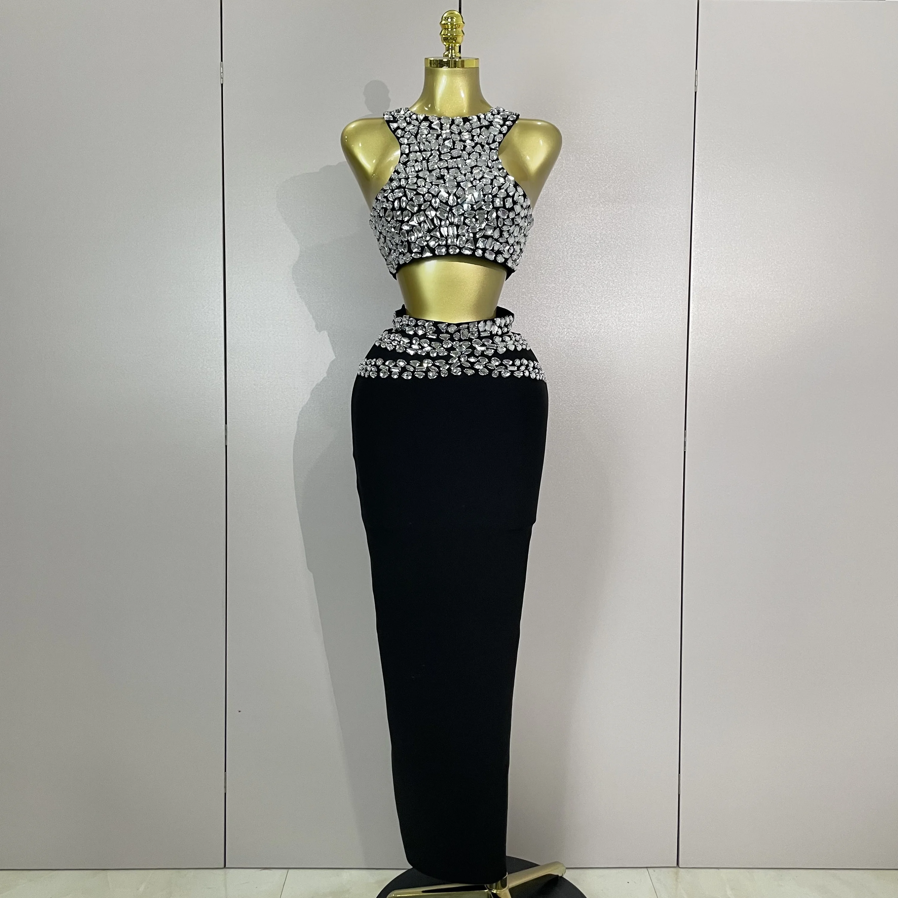 

STOCK 2025 Women Sparkly Rhinestone Bandage Two-piece Set Sexy Singer Nightclub Outfit Celebrate Birthday Elegant Party Dresses