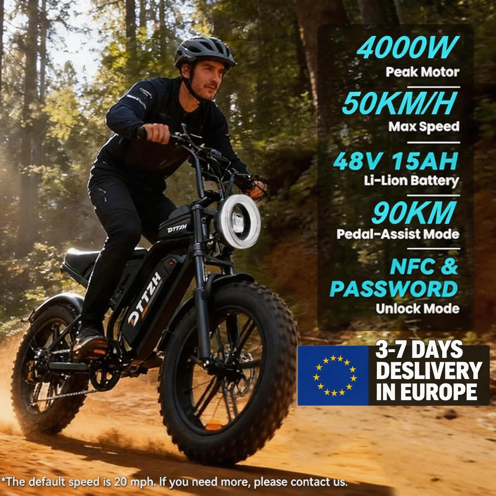 

Электрический велосипед DEEPOWER F6 для взрослых, внедорожный мотоцикл, мощность 4000 Вт, бесщеточный двигатель, 20-дюймовые шины для песка, разблокировка по NFC-паролю.