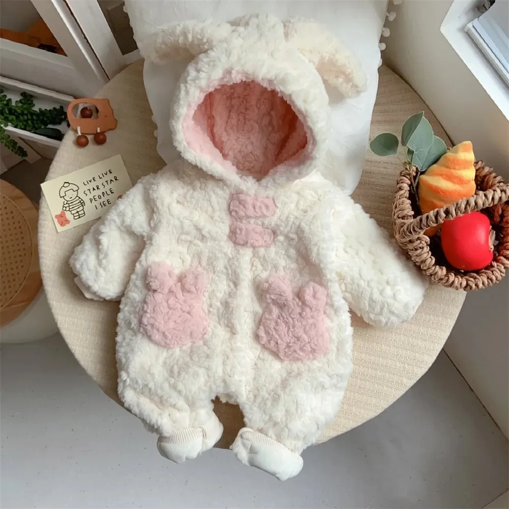 2025 New Baby Winter Romper Plush-Lined Cotton Furry Jumpsuit Thermal Rabbit Ear Hooded Outerwear for Girls