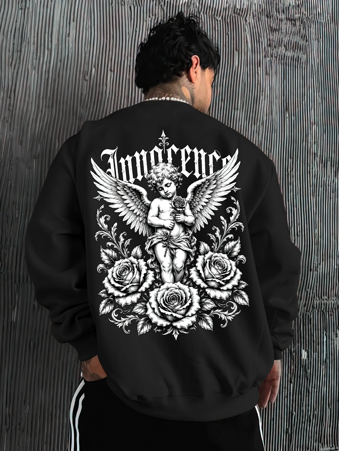 Sudadera holgada con cuello redondo para hombre, jersey con estampado de rosas góticas en la espalda, 100% poliéster, manga larga, S‑2XL, 1 unidad