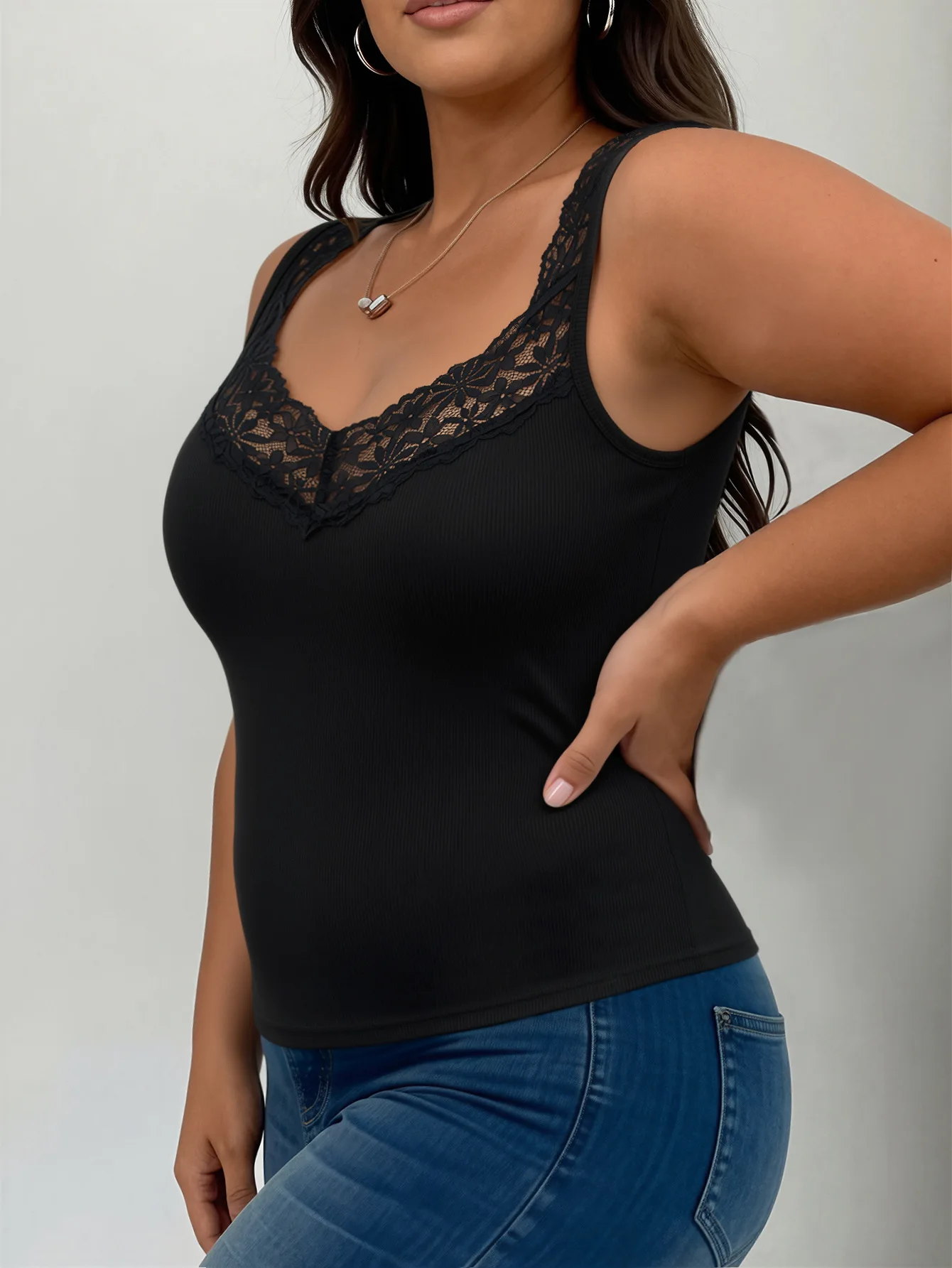 Y2K Women's plus Size V Neck Tank Top Lace Trim Ribbed Sleeveless Wide Strap Slim Fit Casual Camisole Solid Color Daily Layering